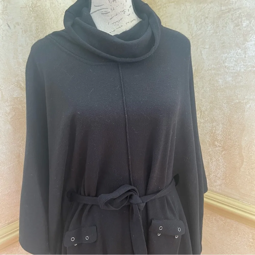 Yoon Black Cotton Blend Turtleneck Poncho with Belt and pockets Knee length Sz M Size M - Image 4
