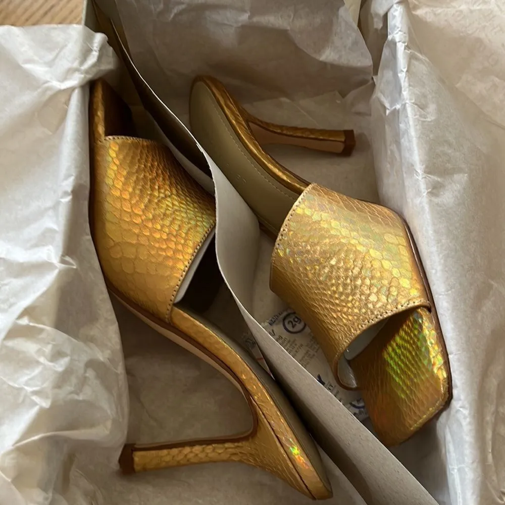 Marc Fisher- “Danria” Square Toe Gold Metallic Slide Dress Heels-8M- NEW - Image 6