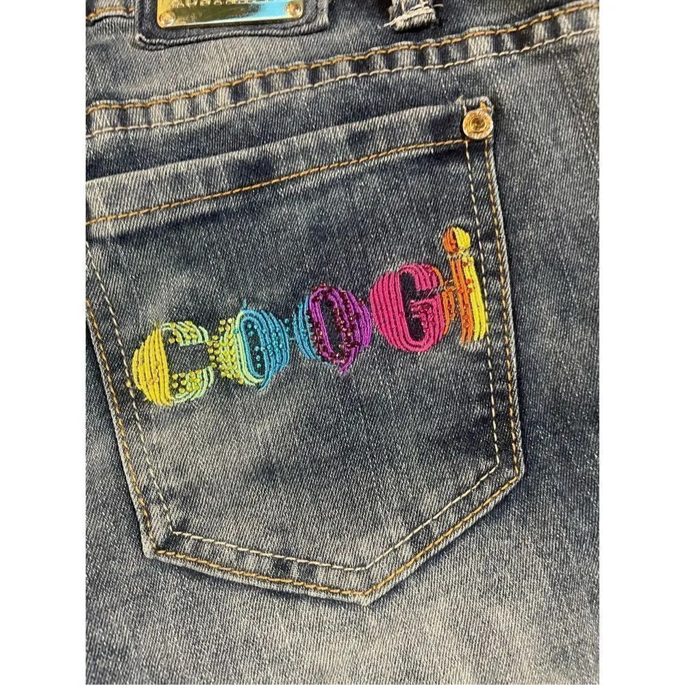COOGI Colorful Embroidered Distressed Denim Jean Shorts 11” inseam Sz 11/12 - Image 4