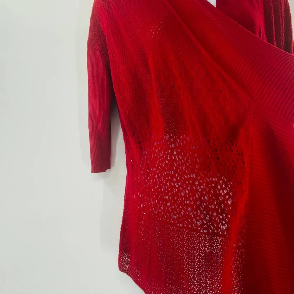 Eileen Fisher Red Open Front Drape Mixed Knit Silk Cardigan Size Small Red - Image 9