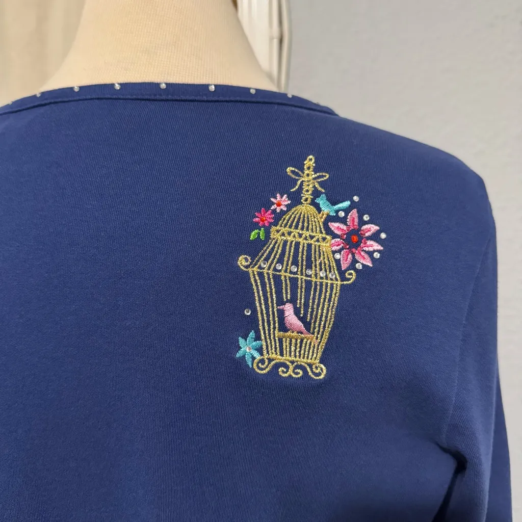 Vintage Quacker Factory Navy Top with Beautiful Birdcage Embroidery 3/4 Sleeve M - Image 5