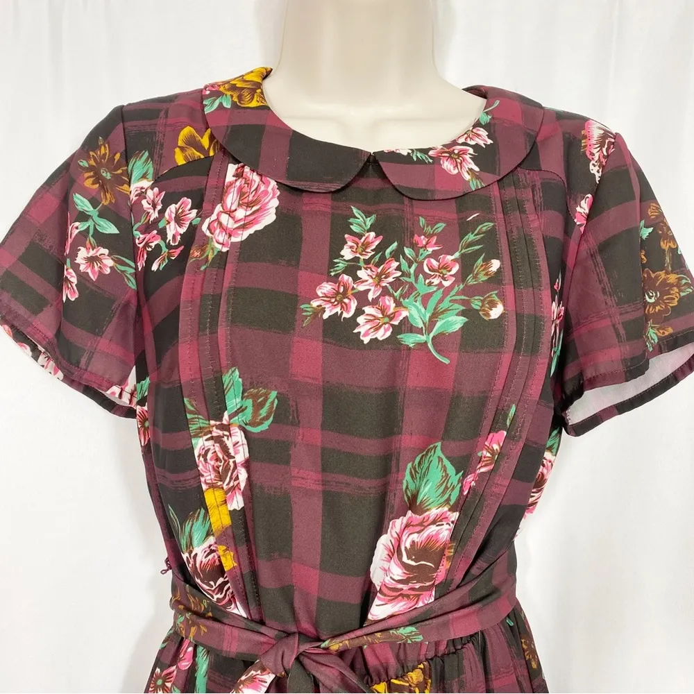 ModCloth Burgundy Floral Buffalo Check Joyfully Poised Collared A-Line Dress - Image 7