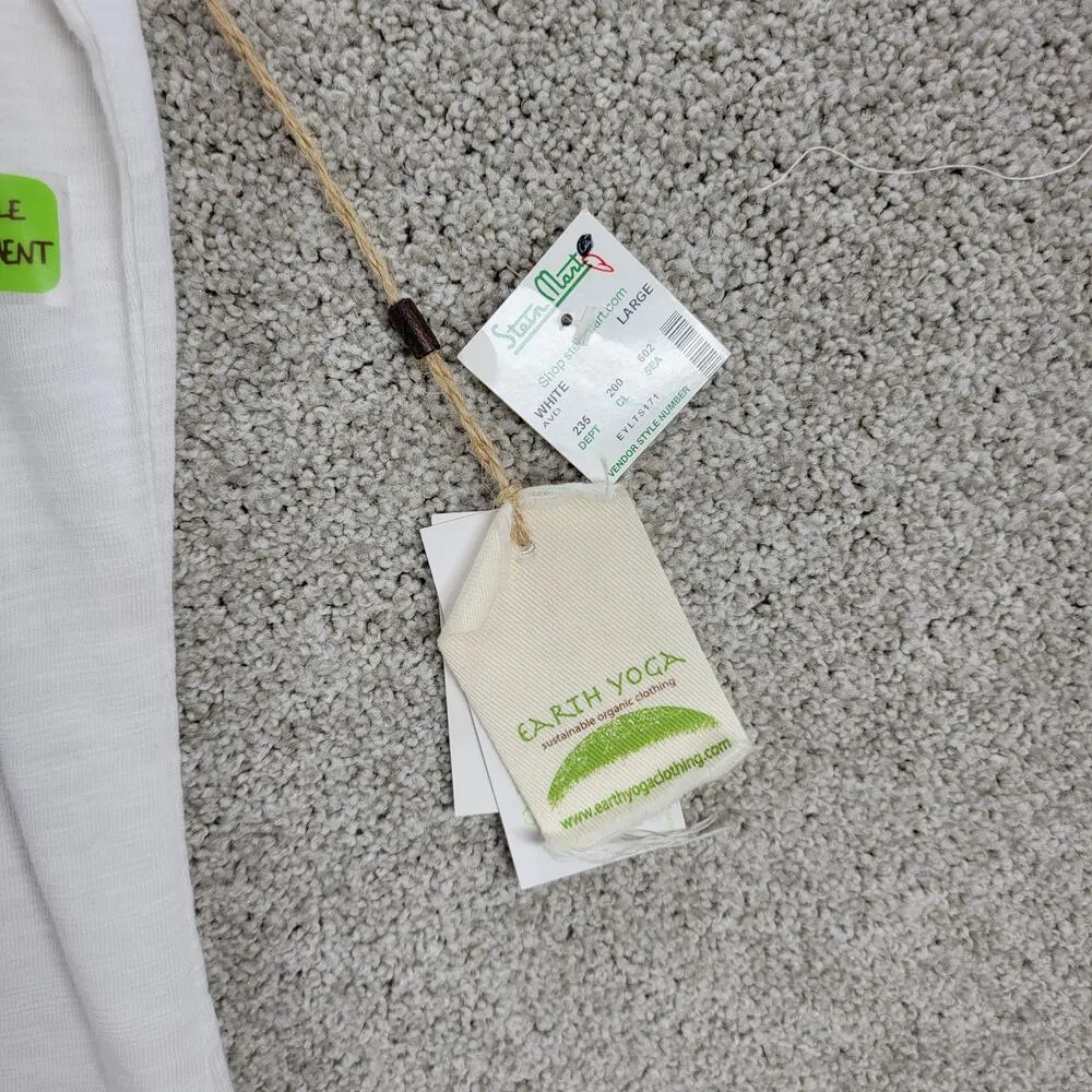 Earth Yoga Womens Top L White Lace Mesh Trim V Neck Capped Short Sleeve NEW Size L - Image 12