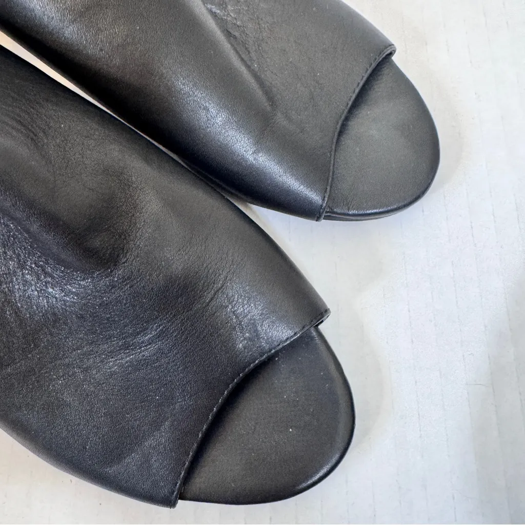 Eileen Fisher Black Leather Peep Toe Block Heels Womens 9 Striped Wood Stacked - Image 5