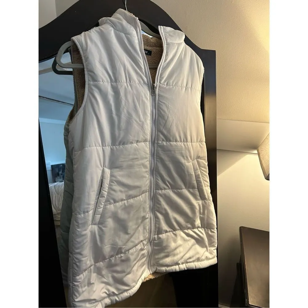 NEW Reversible Vest Sleeveless Sherpa Fleece Zip Up Hoodie Long S White - Image 5