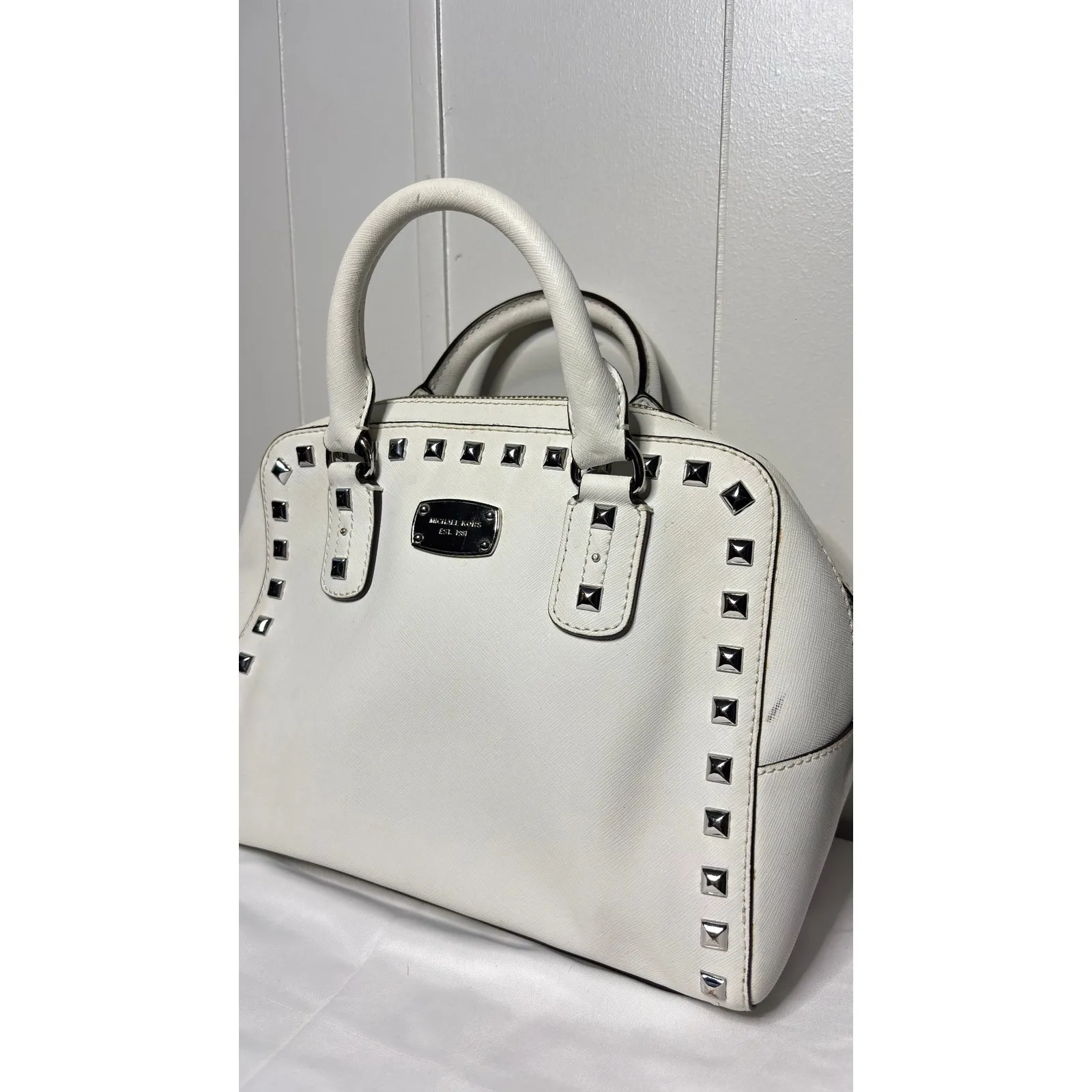 $398 Michael Kors Saffiano White Studded Satchel Handbag - Image 3