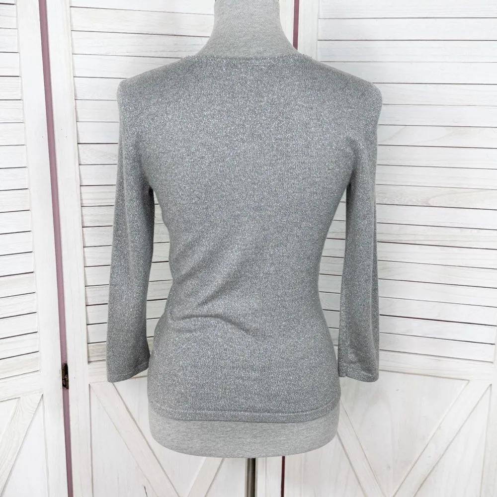 Ann‎ Taylor Metallic Shimmer Beaded Faux Wrap Sweater Silver Grey XS - Image 4