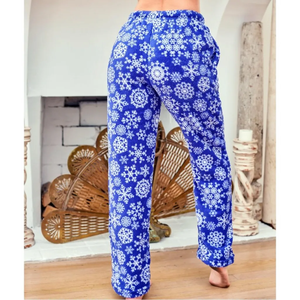 ADR Women ‘s Soft Warm Fleece Pajama Pants long Lounge Bottoms Royal Snowflake Blue Size M - Image 13