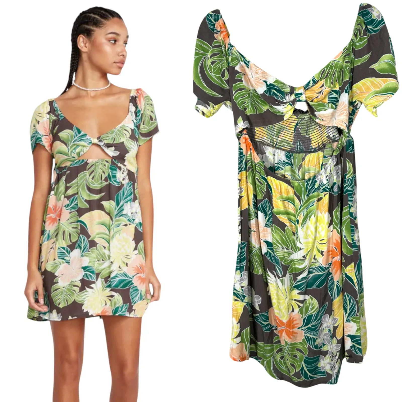 Volcom Excapism Slate Grey Cut Out Floral Mini Dress Size Large NEW with Tags - Image 2