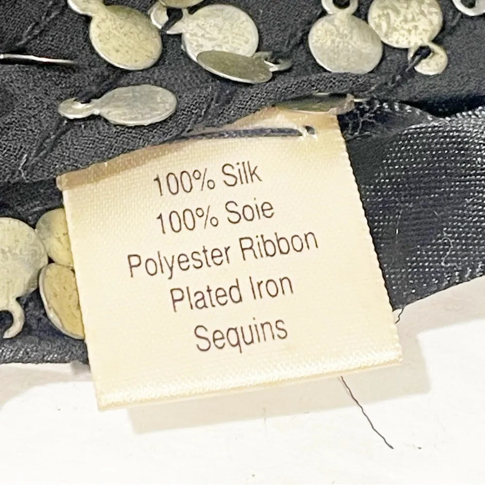 Black 100% Silk Plated Iron Sequins Neck Wrap Ribbon Tie - Image 3
