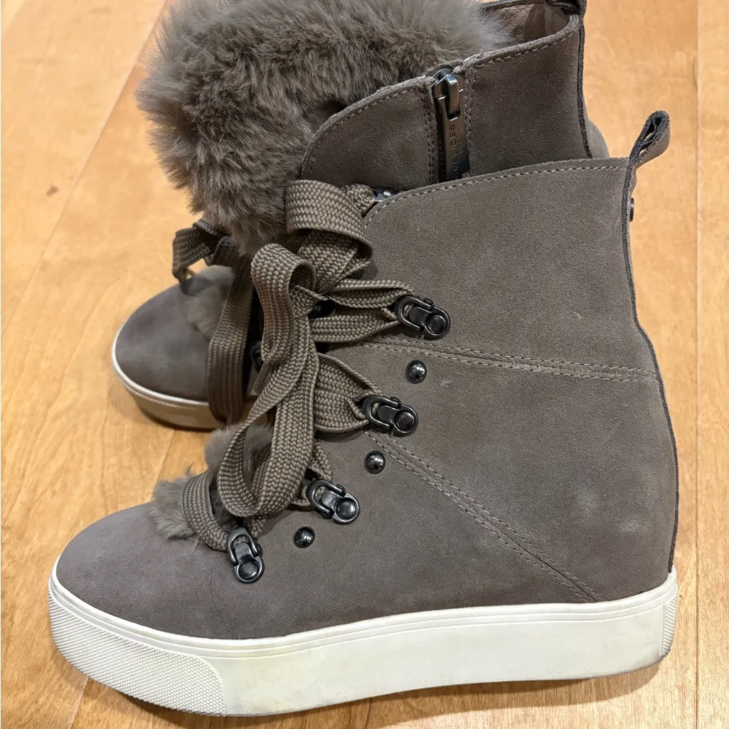 J/Slides Whitney Faux Fur & Suede Wedge Sneaker boots tan sz 8 - Image 3