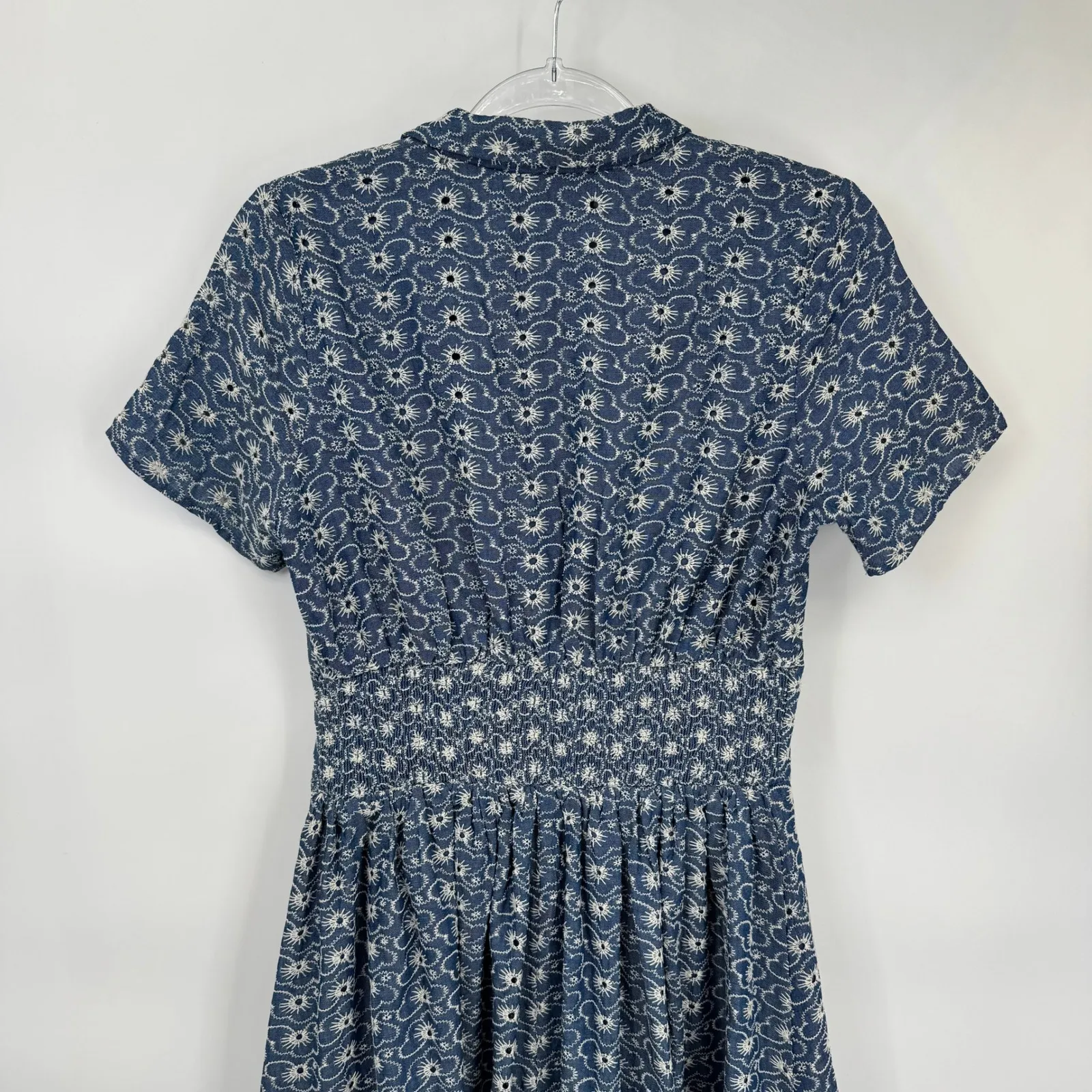 FORE Button Front Midi Dress Women Medium Blue Cotton Floral Embroidered Country - Image 7