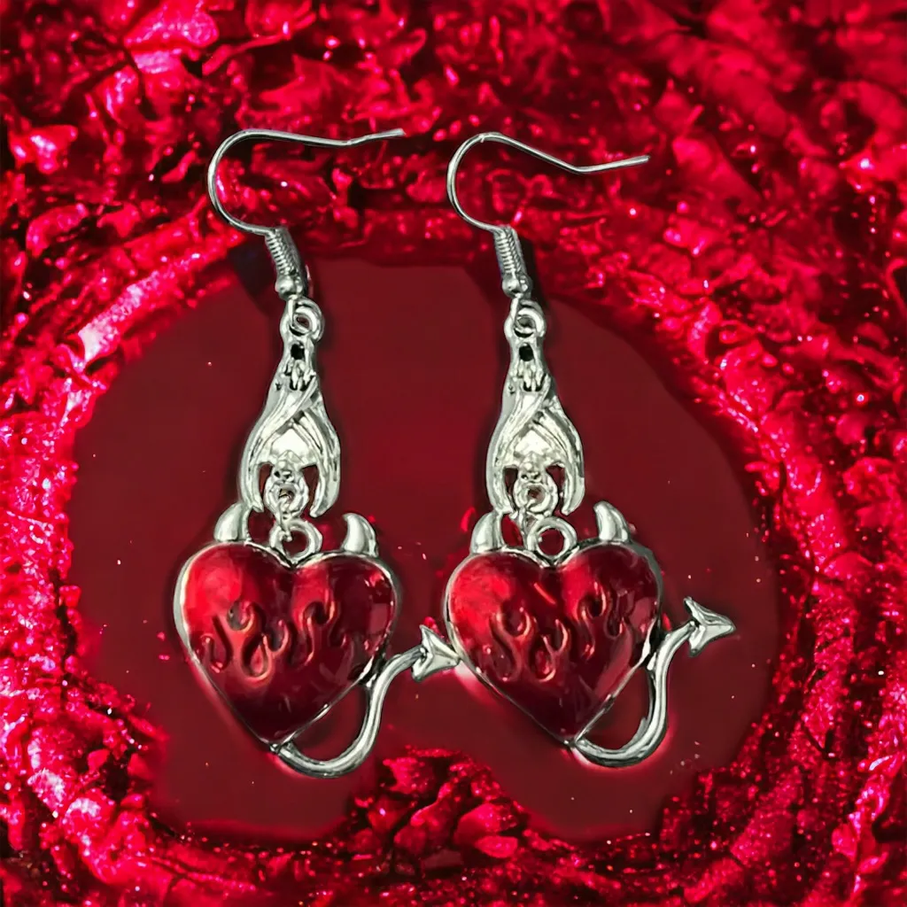 Gothic Bat Heart Shaped Devil Design Silver/Red‎ Zinc Alloy Dangle Earrings Silver - Image 2