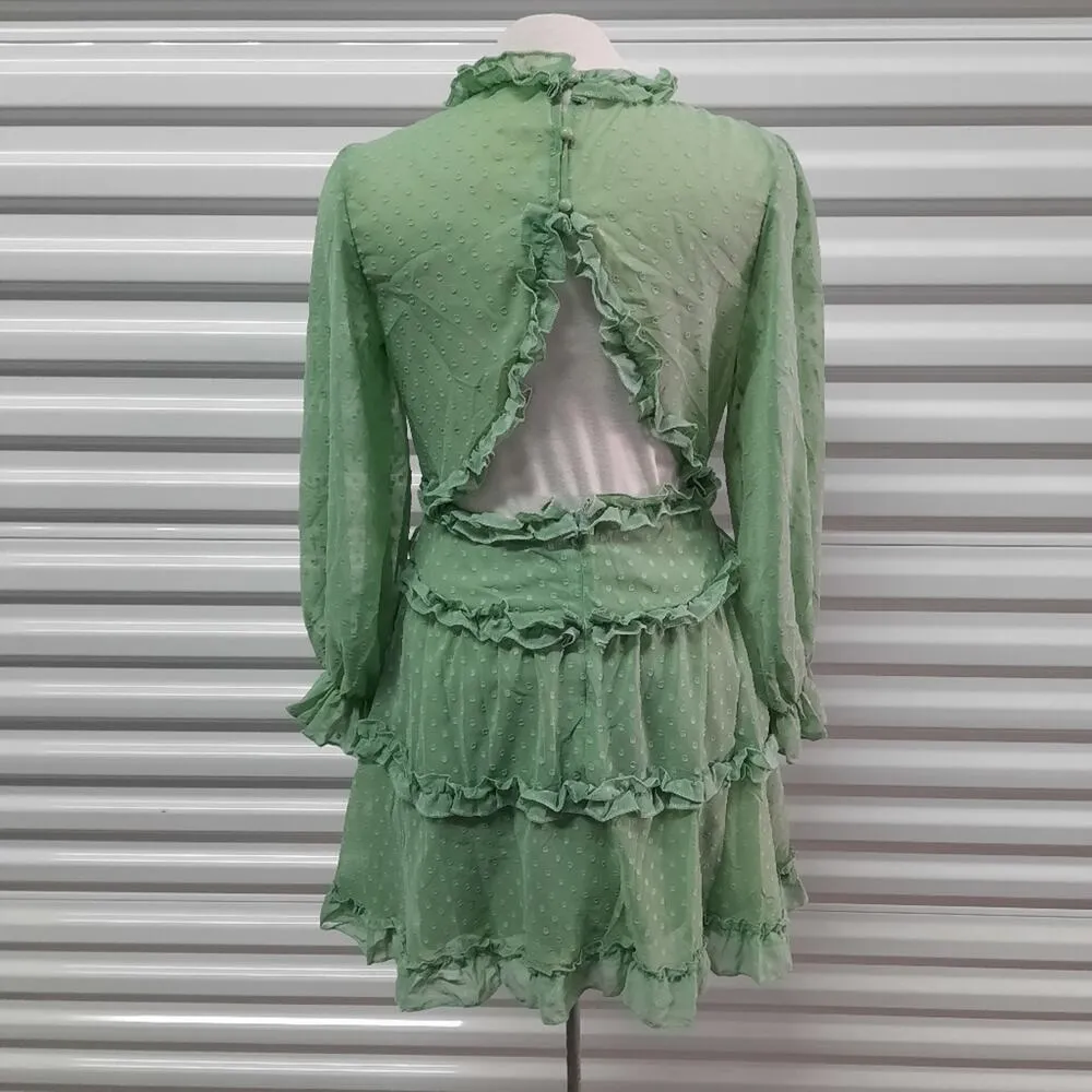Women's Dress Small Green Swiss Dots Ruffled Cottagecore Fairycore Prairiecore - Image 5