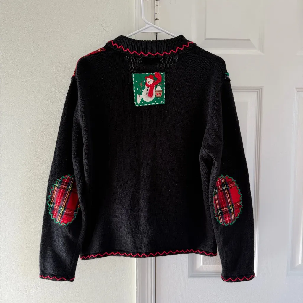 Vintage Christmas Cardigan Elbow Patch Black Plaid Patchwork M Studio Joy Size M - Image 7