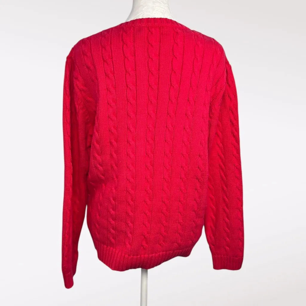 Lands' End Red Cable Knit Cotton Sweater Made In USA Medium - Image 5