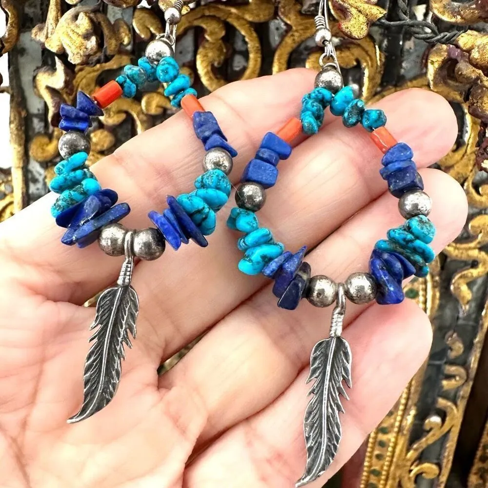 Sterling silver turquoise coral lapis feather earrings Blue - Image 8