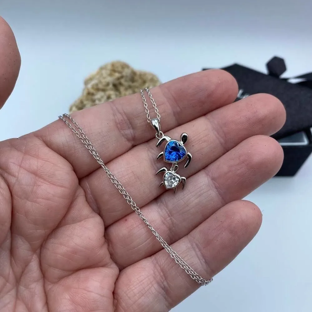 Sterling Silver Mom and Baby Turtle CZ Heart Necklace Silver - Image 2