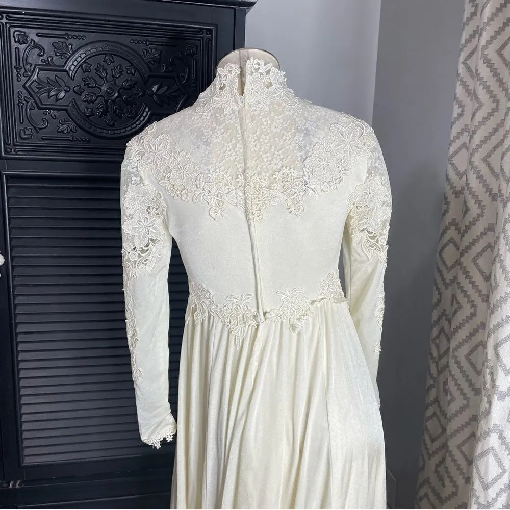 Vintage‎ 70s Bohemian Peasant Hippie Jersey Lace Top Empire Wedding Gown Train 2 - Image 5