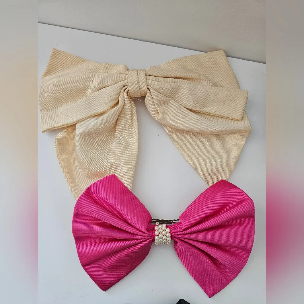 Vintage Bow Barrettes Bright Pink Cream Black Chiffon Grosgrain Ribbon - Image 2