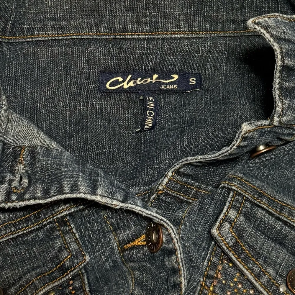 CLASH Women's Embellished Front Pockets Denim Jean Jacket Size S Blue - Image 5