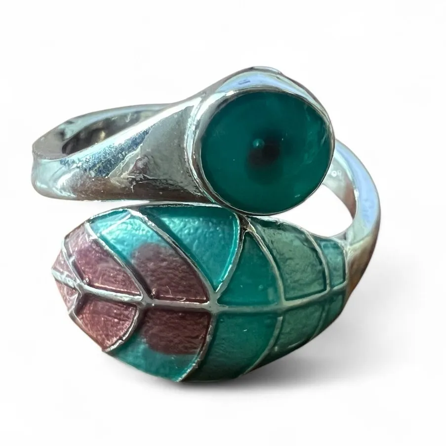 Ring Native American Zuni silver inlay Teal Resin Filled Wrap around Leaf Size 6 - Image 4