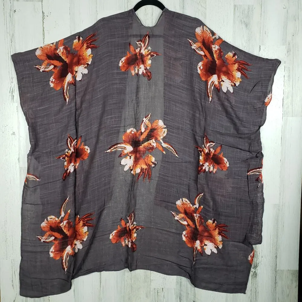 New Gray Floral Print Open Front Boho Flower Lightweight Kimono Women's One Size Size undefined - Image 8