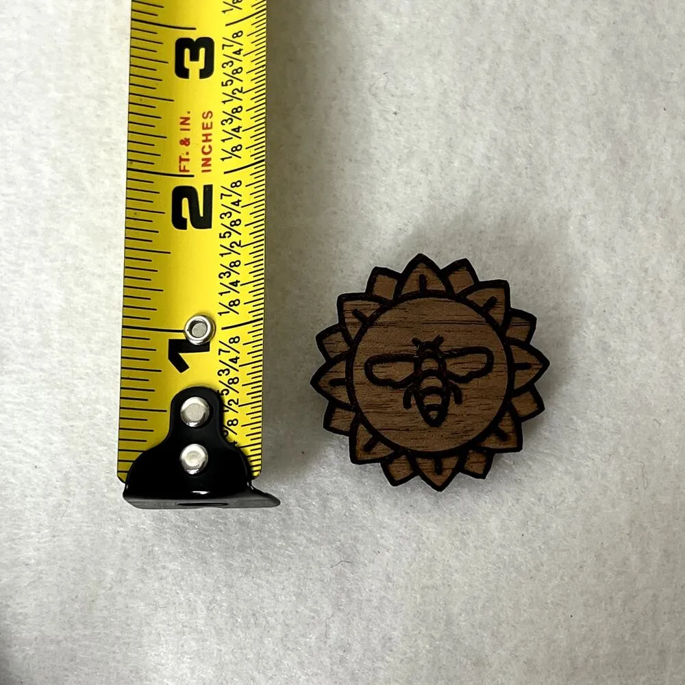 Handmade Engraved Wooden Sunflower Bee Pin Brown - Image 4