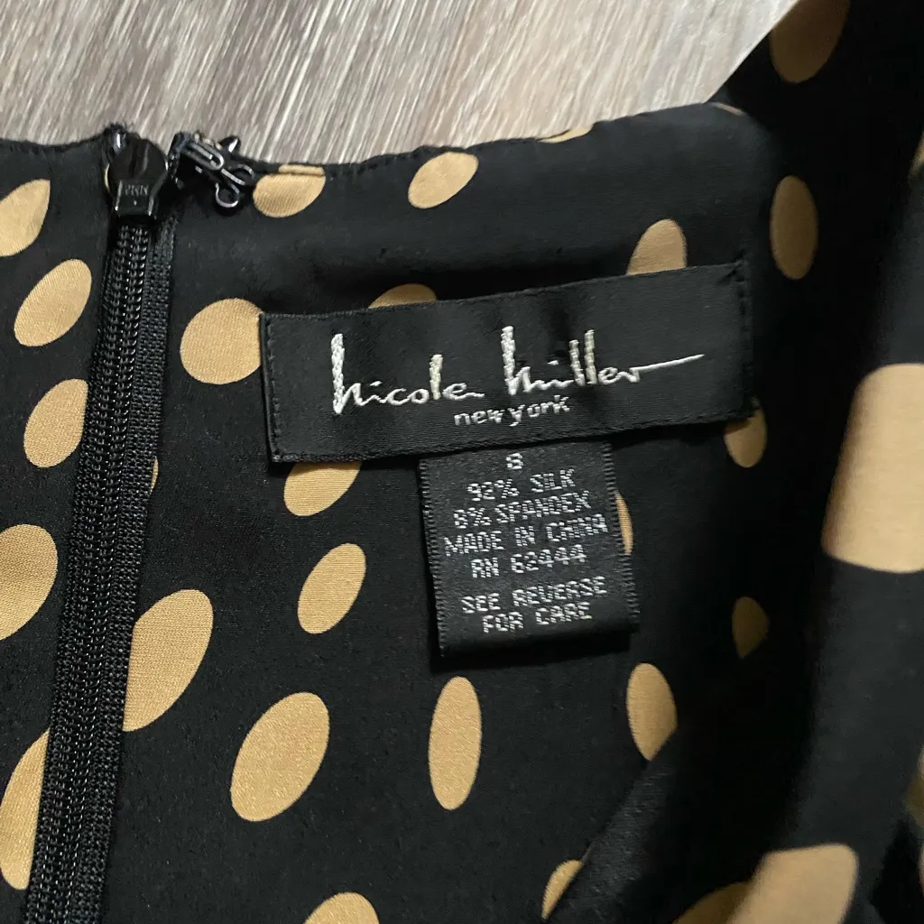 Vintage Silk V-Neck Short Sleeve Polka Dot Black Tan Midi Dress 8 Femme Dark Age - Image 3