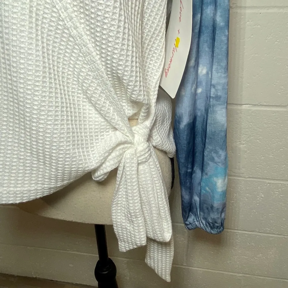 Love + Harmony White Waffle Pattern & Blue Tie Dyed Long Sleeve Side Tie Blouse - Image 4