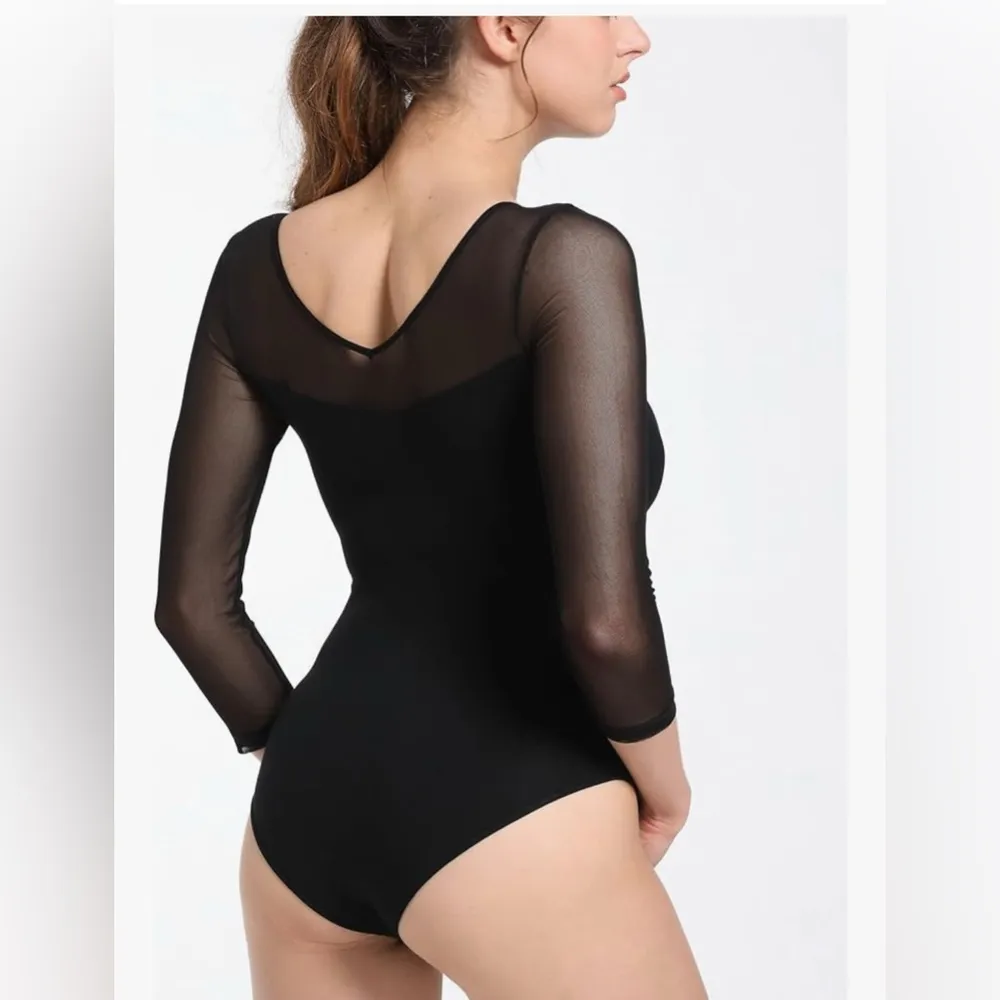NEW Black Soft Bamboo Bodysuit Sheer Long Sleeve Leotard Bodysuit XL - Image 6