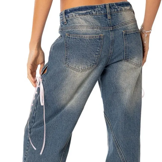 Edikted Lace-Up Knee Low Rise Wide Leg Jeans - Image 3