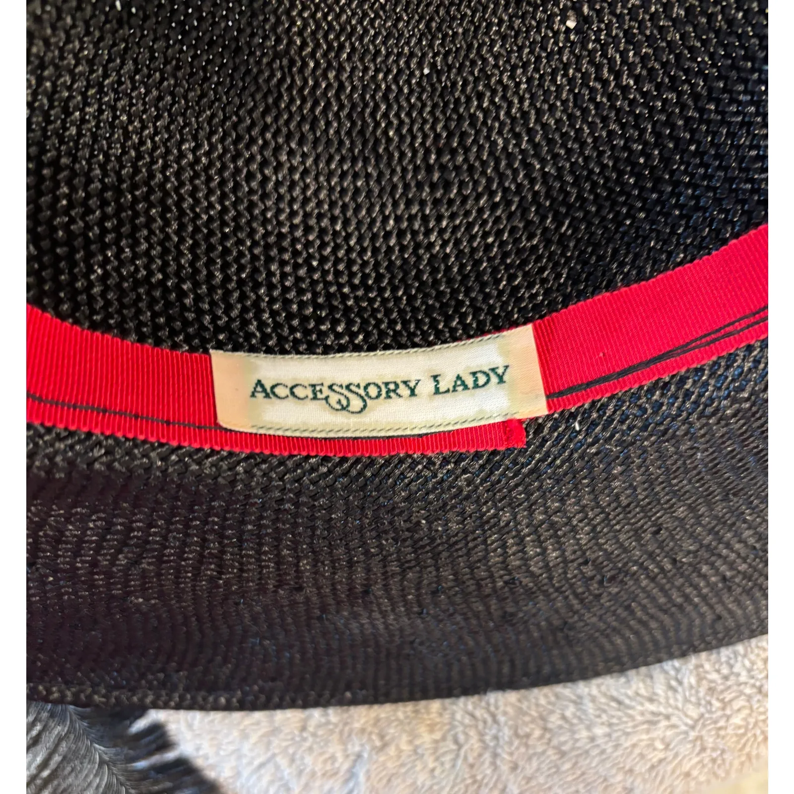 Vintage Accessory Lady Black Straw Hat Veil Feather Detail Wide Brim 13.5" - Image 6