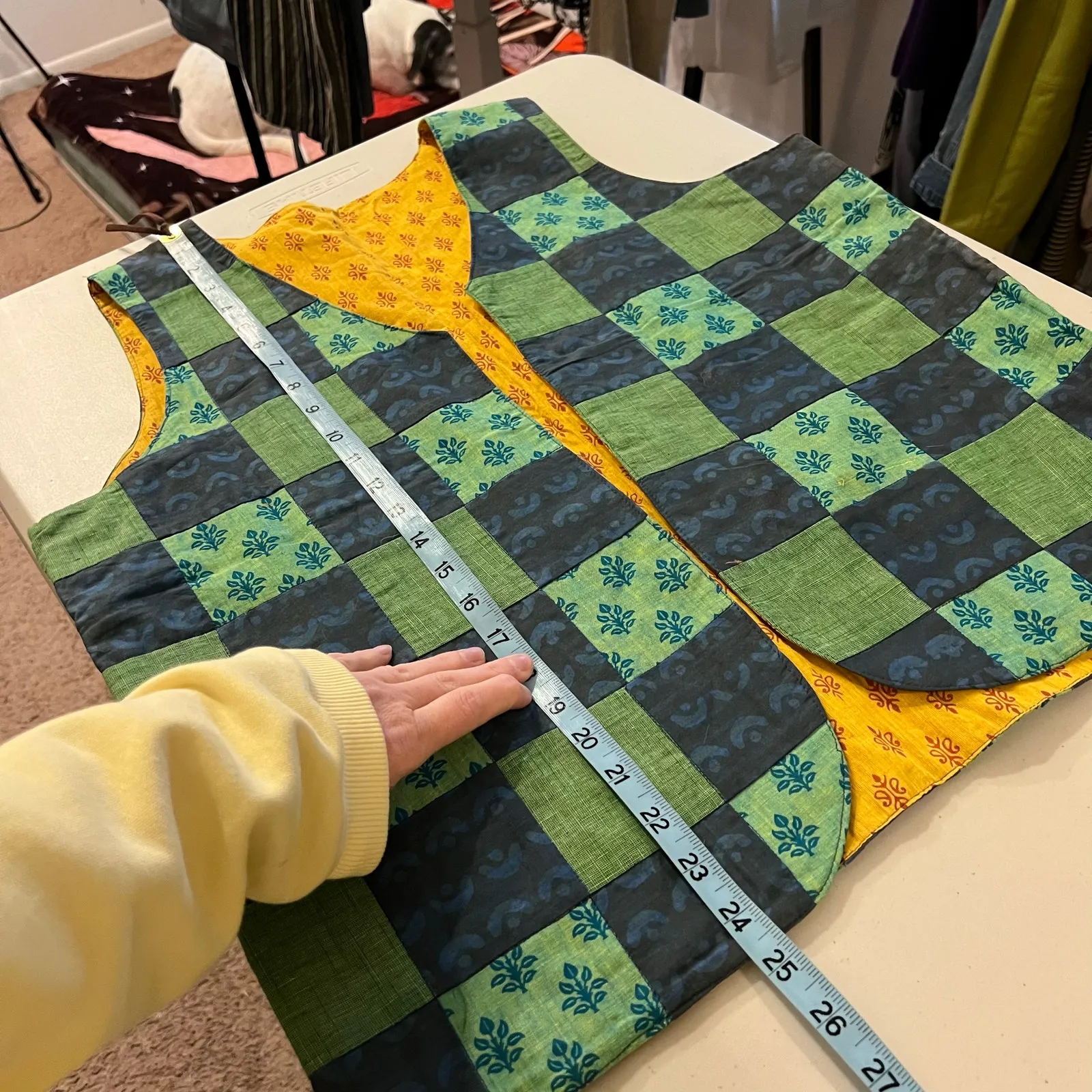 Handmade Cotton Arch Green Square Patchwork Open Style Vest Top Size Medium Blue - Image 7