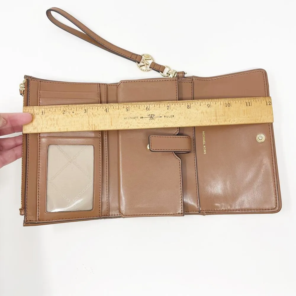 MK Michael Kors Signature Tan Brown Leather Trifold Wallet Gold Hardware Wrist - Image 8