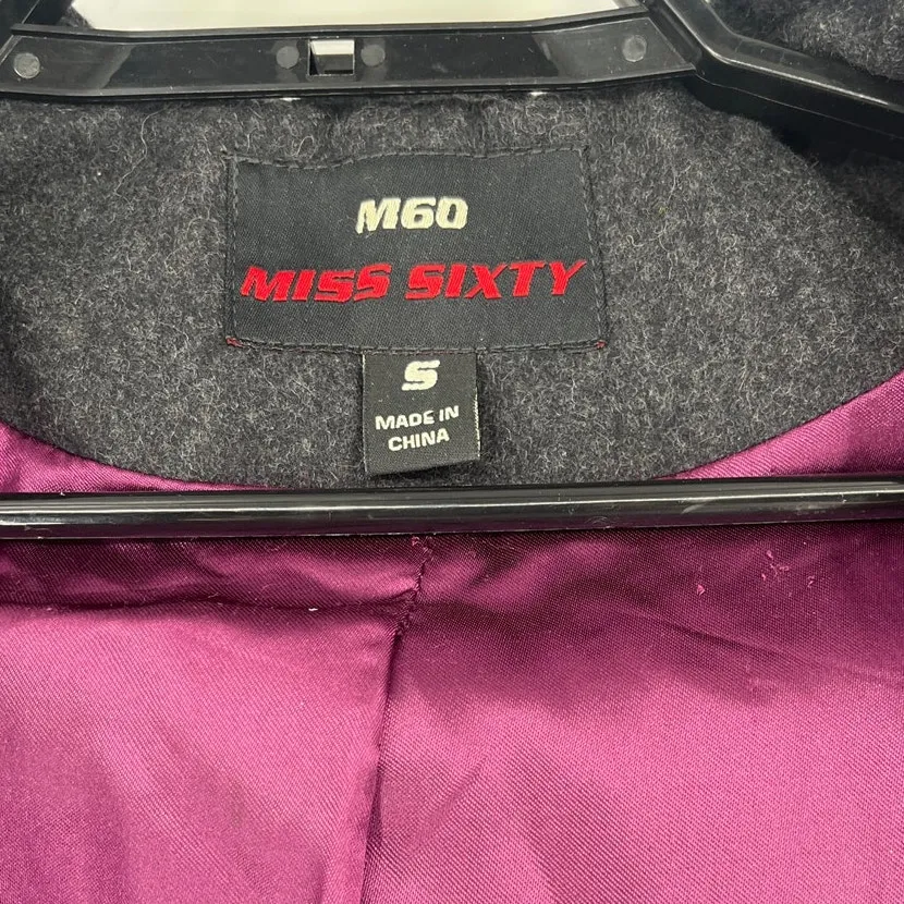 Y2K Miss Sixty Wool Military Hooded Pea Coat Sz S Double Breasted Goth Academia - Image 7