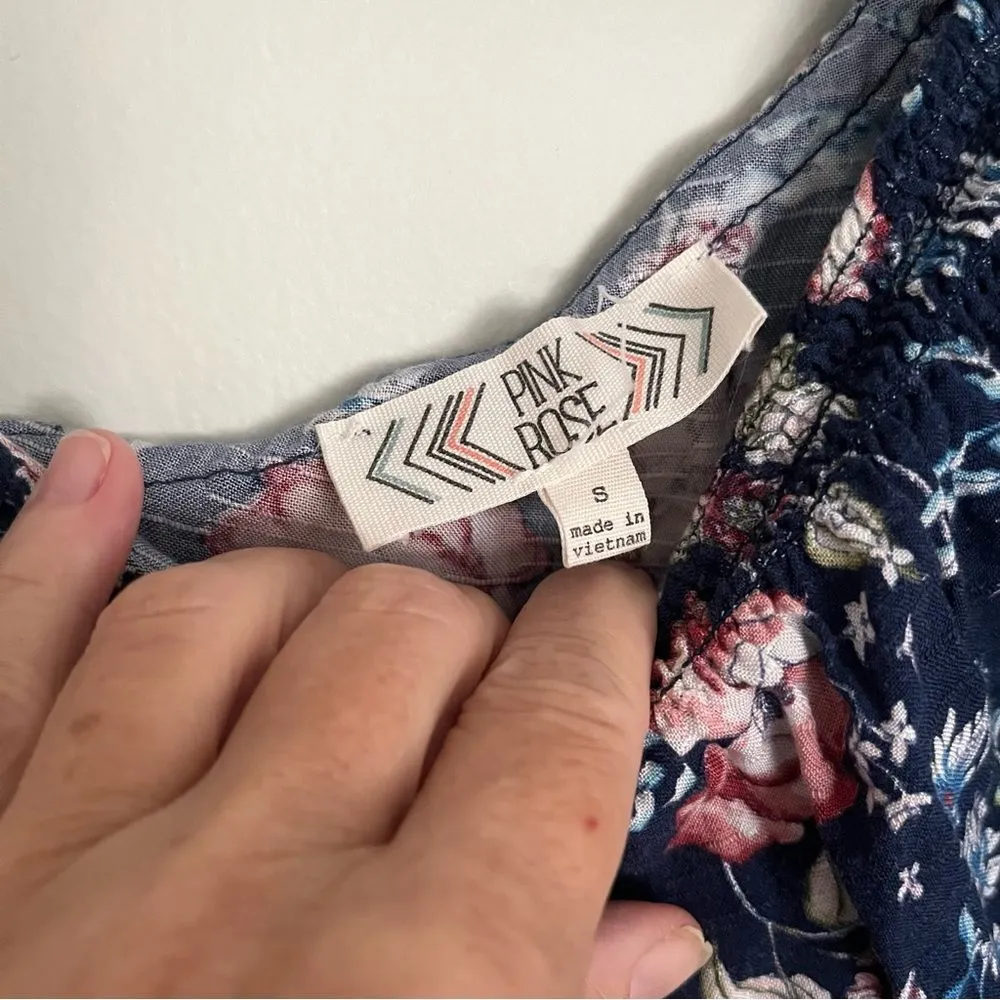 Pink Rose Floral One Shoulder Ruffle Mini Dress Navy Blue Size Small - Image 7