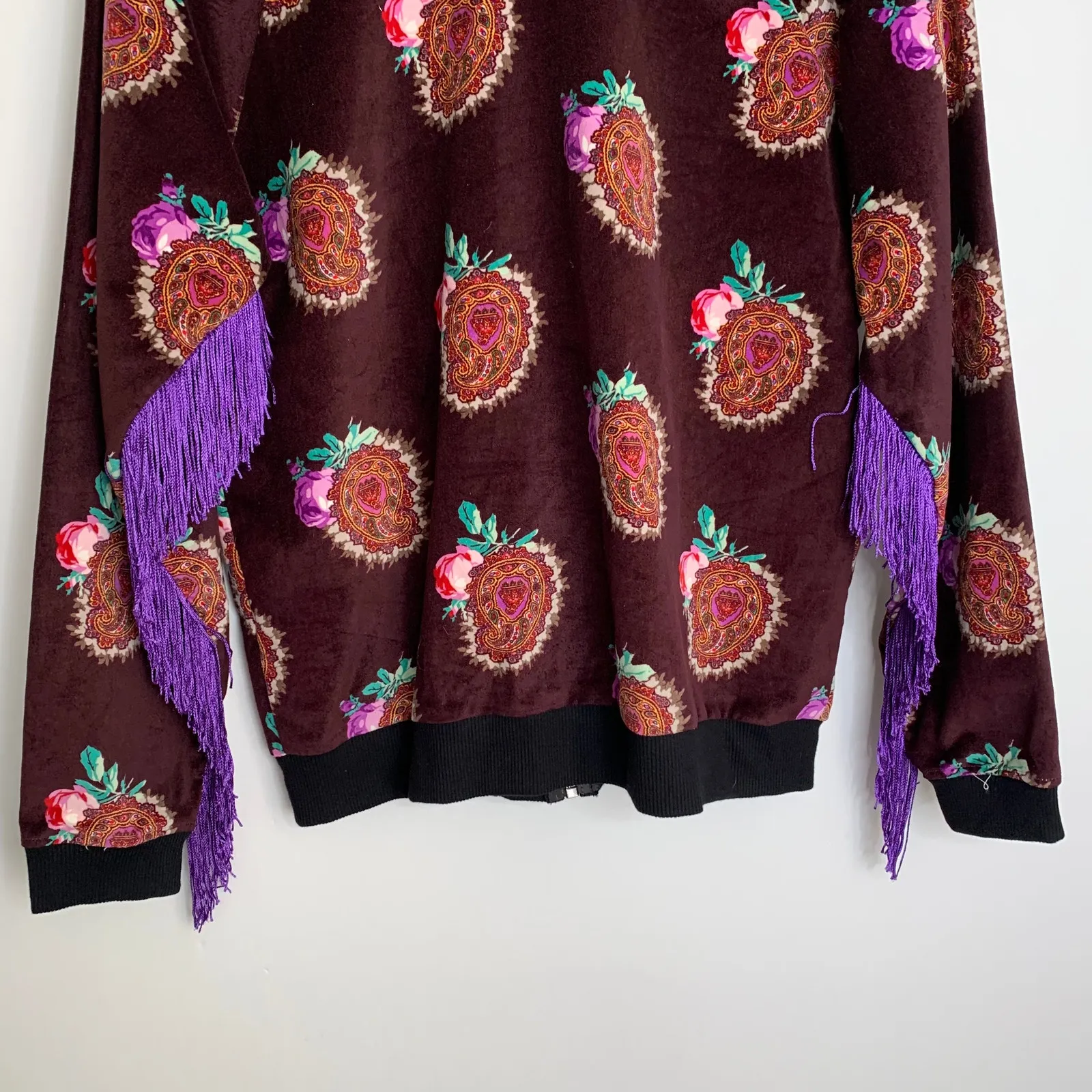 Moon & Nomad Mixed Emotions Velvet Bomber Jacket Burgundy Purple Fringe Medium - Image 6