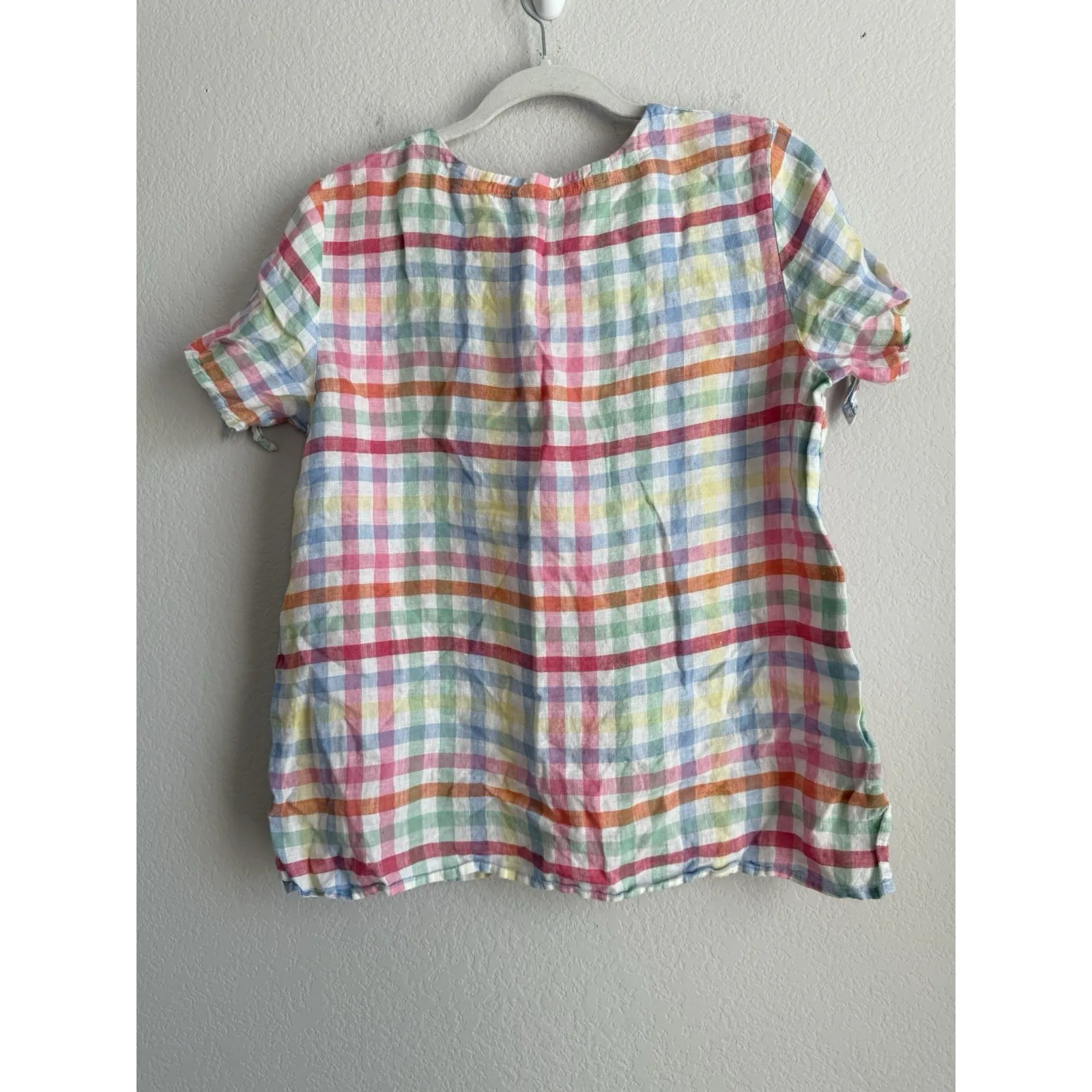 Talbots‎ Women's Linen Top Split Neck Pastel Plaid Casual Sleeve Tie Detail Sz M - Image 7