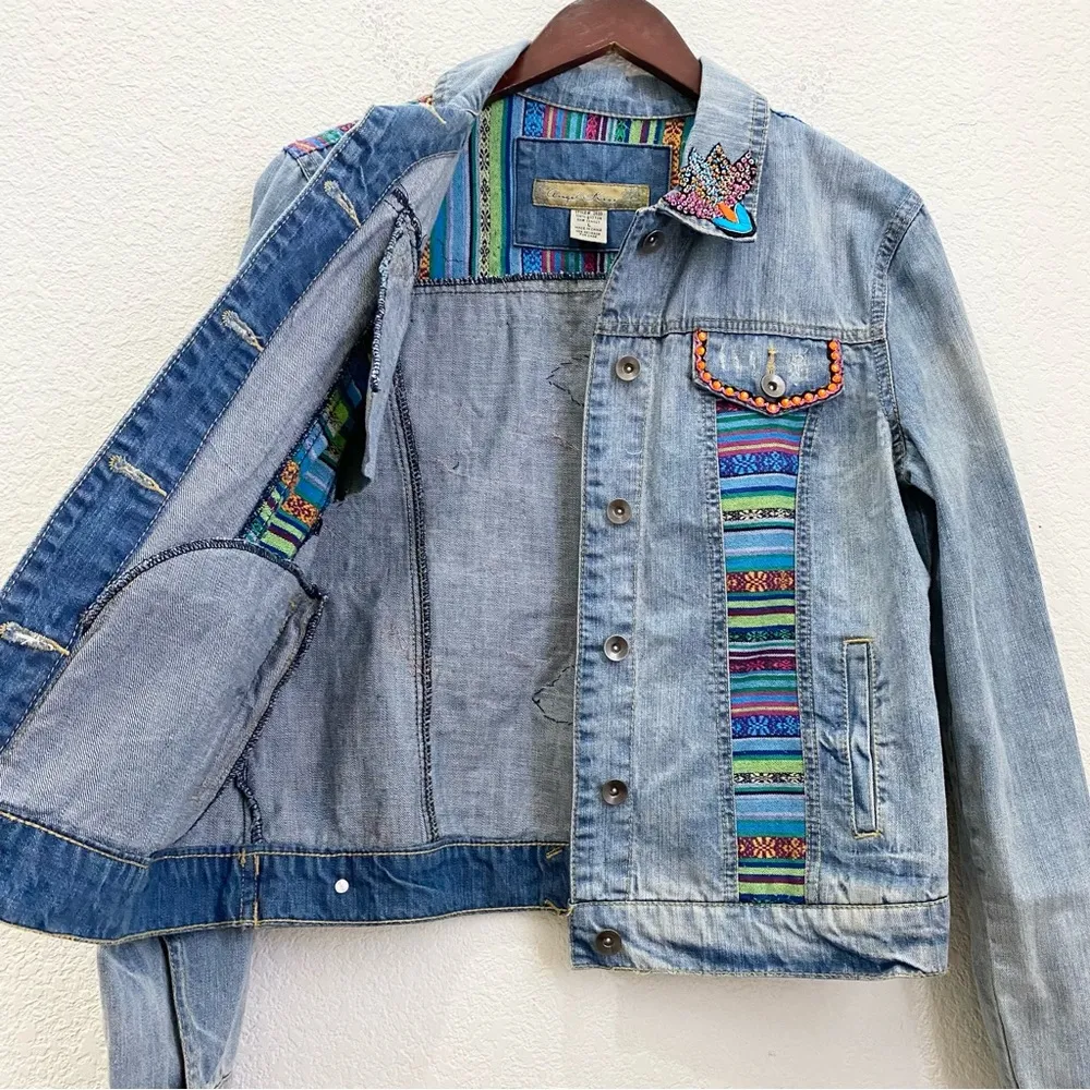 Customized Embroidered Patch Peacock Denim Jean Jacket Size M - Image 7