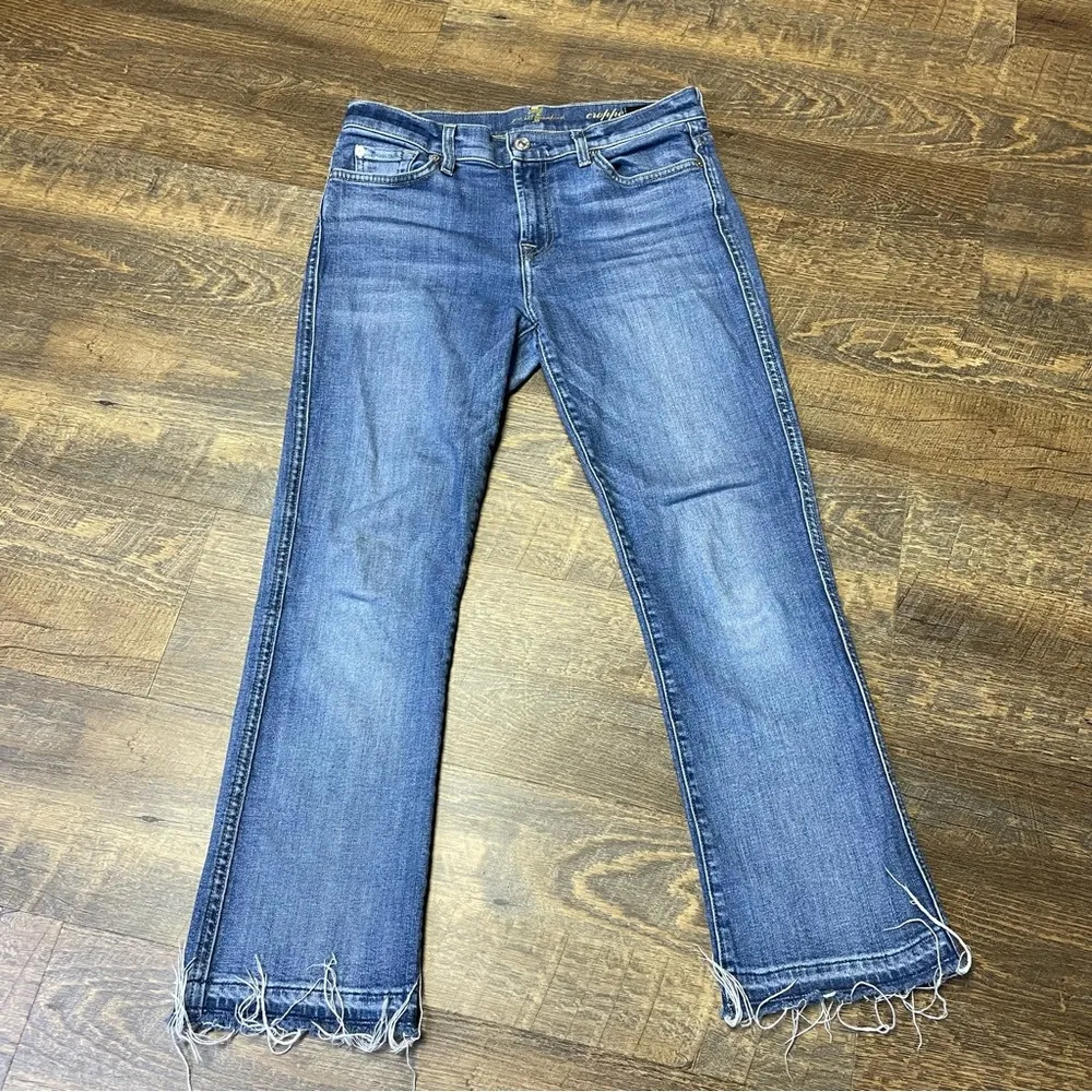 7 For All Mankind Cropped Boot Jeans Women's 28 Blue Denim Raw Hem - Image 2