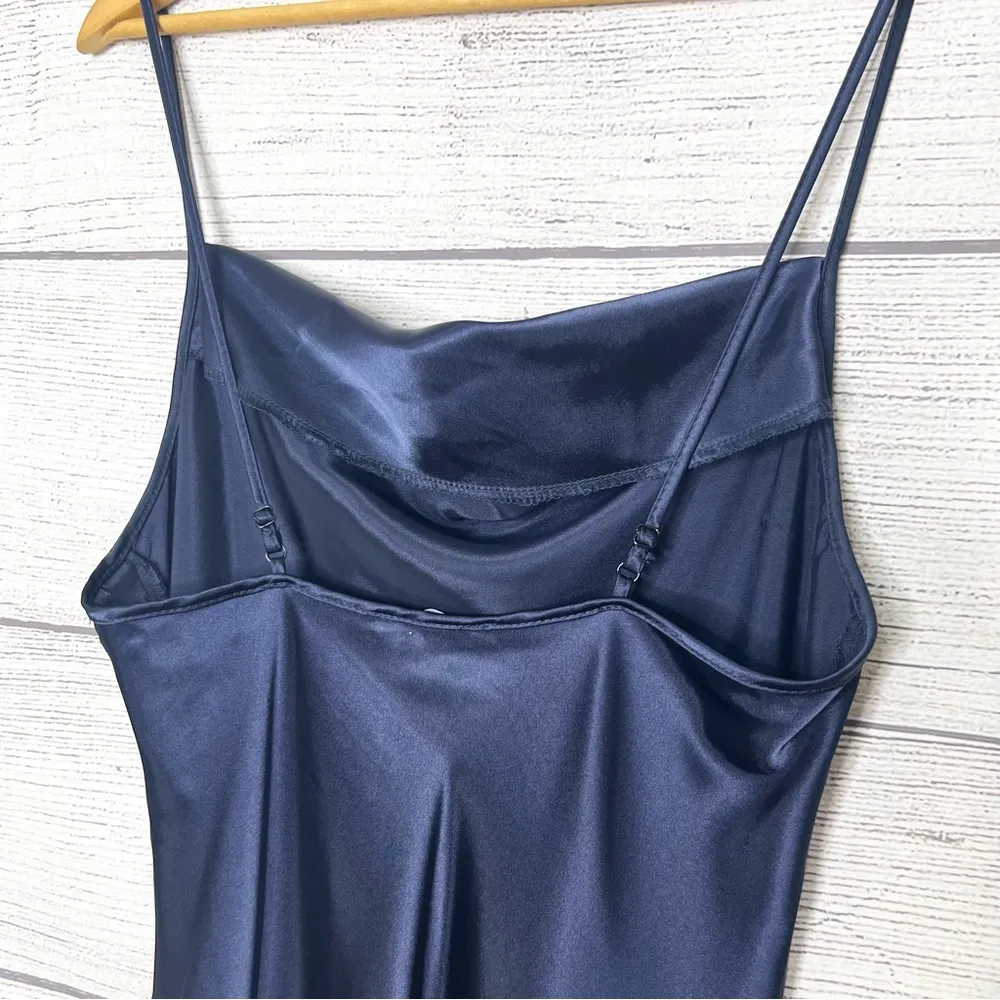 BEBE Navy Blue Satin Cowl Neck Midi Slip Dress Size Large - Image 6