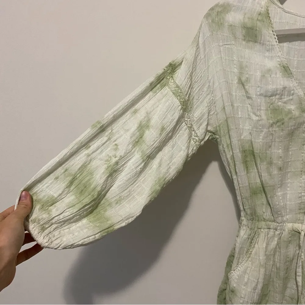 Aerie White and Green Tie Dye Button Front Linen Blend Romper Small - Image 3