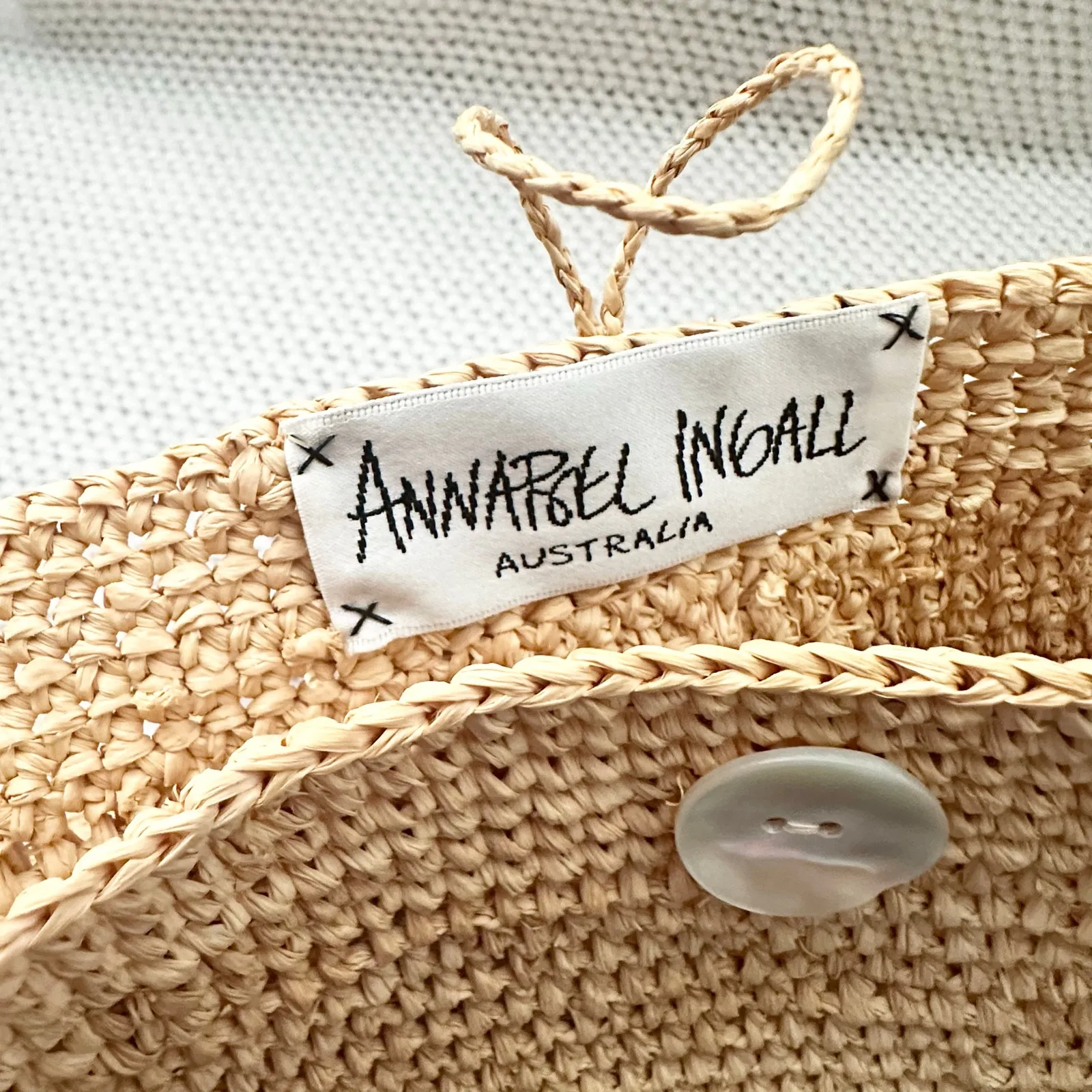 Annabel Ingall Australia Beige Tan Raffia Beach Shoulder Tote Capiz Shell Button White - Image 7