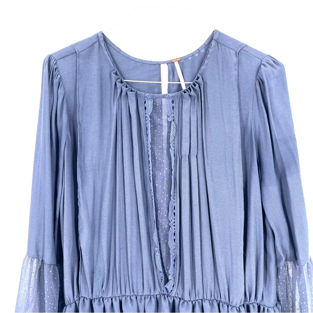 FREE PEOPLE Blue Flowy Sheer-Sleeve Peplum Long Sleeve Blouse Top - Image 6