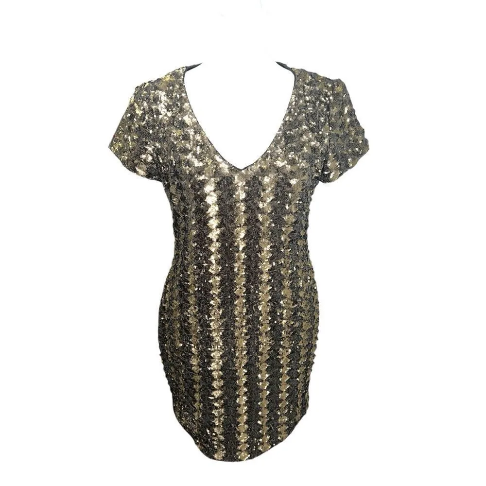 Hunter Bell Gold Black Sequin Sheath Mini Dress V-Neck Short Sleeve 8 - Image 3