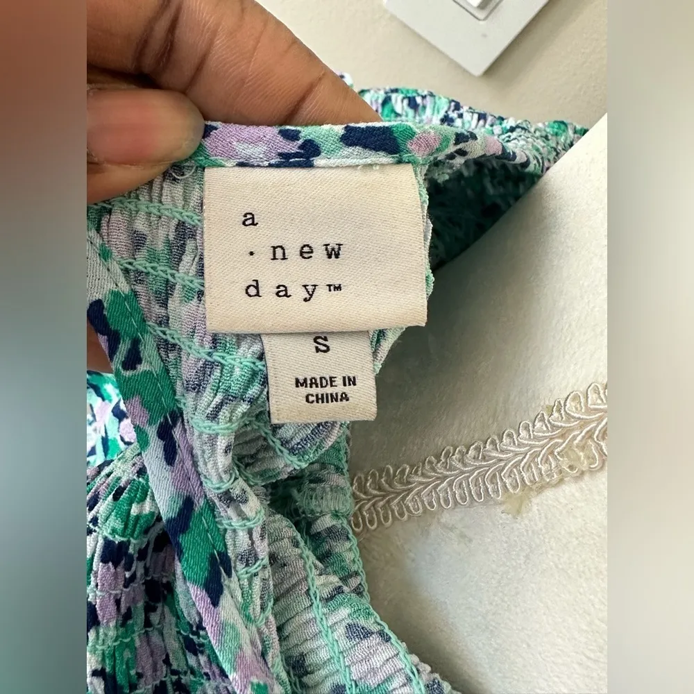 A New Day Purple Green Smocked Bodice Floral Print High Waist Sz S NWOT - Image 9