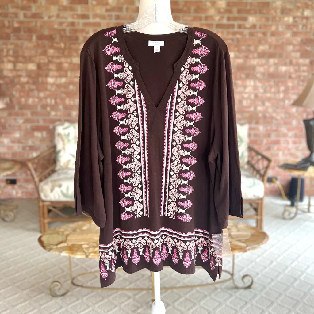 Charter Club Top Tunic Beaded Brown Knit 3X Boho Peasant V-Neck Everyday Chic - Image 13