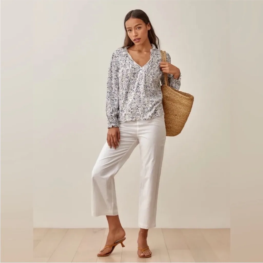 Reformation long sleeve top in white with blue florals - Image 2