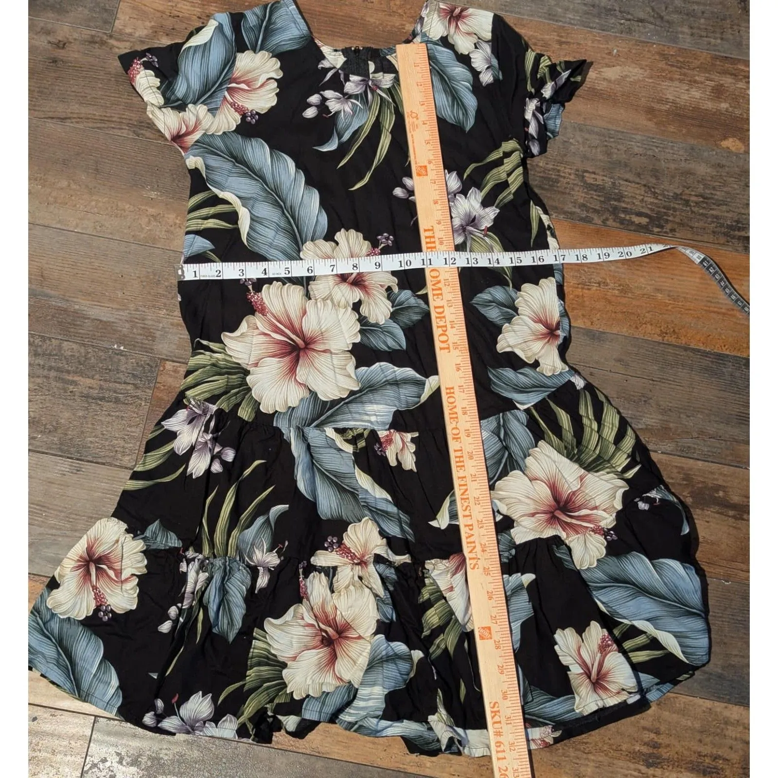 Aloha Hut Hawaii Black Tropical Hibiscus Floral Ruffle Mini Dress Small Rayon - Image 4